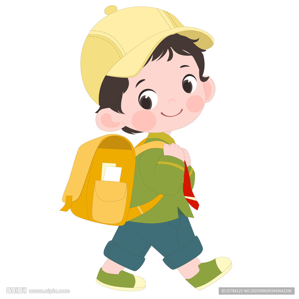 卡通背書包戴帽子去上學(xué)的男孩