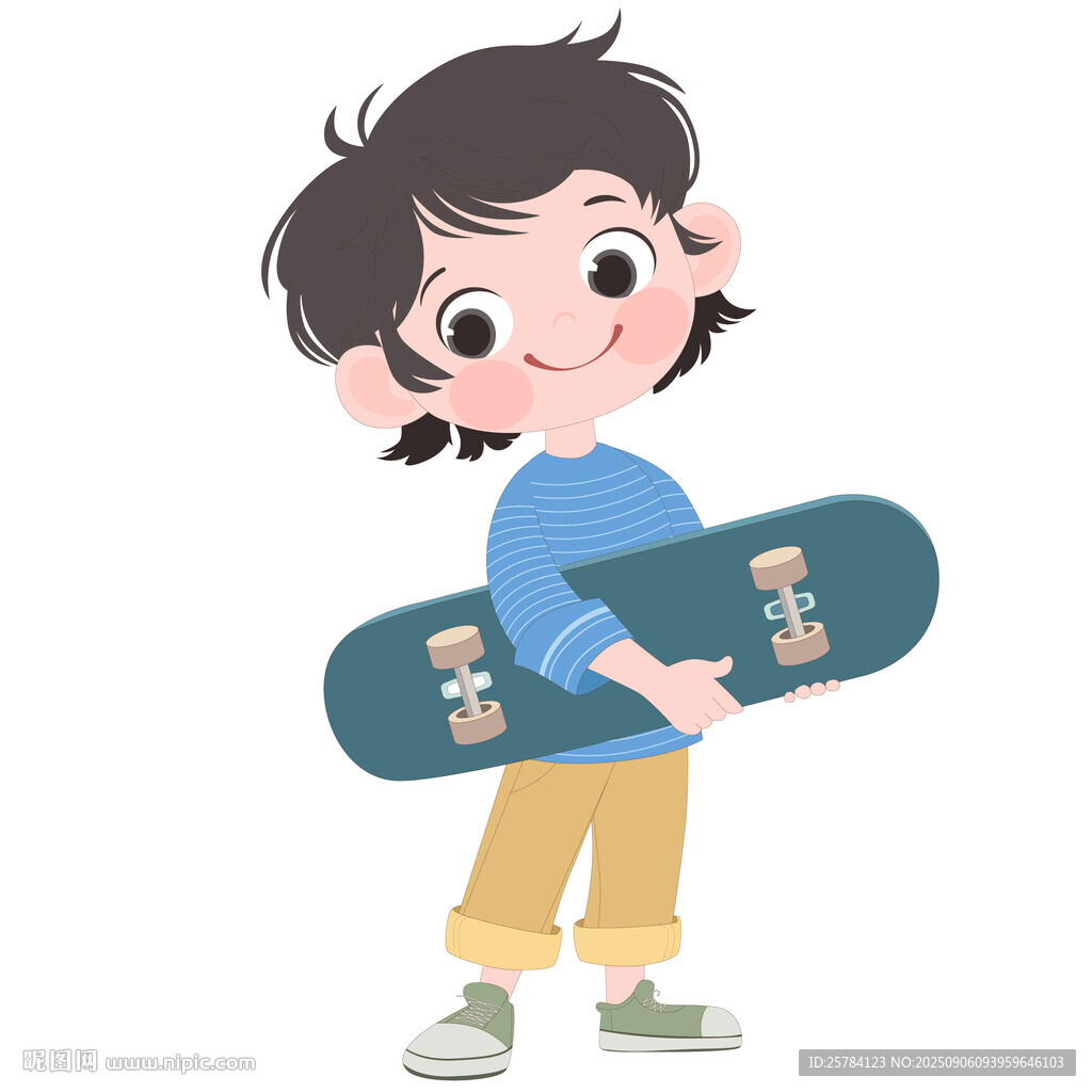  卡通拿著滑板去運動的開心男孩
