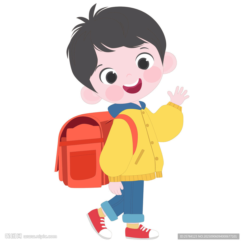 卡通背著書包揮手去上學(xué)的男孩