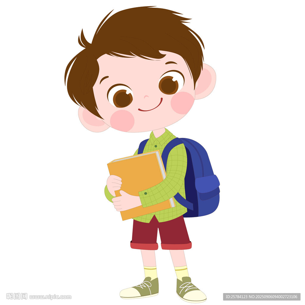 卡通風背著書包抱著書去上學男孩
