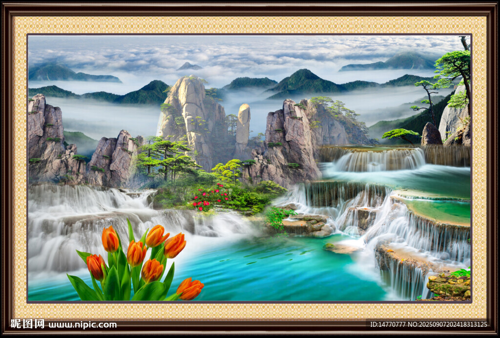 山水間繁花瀑布美景圖