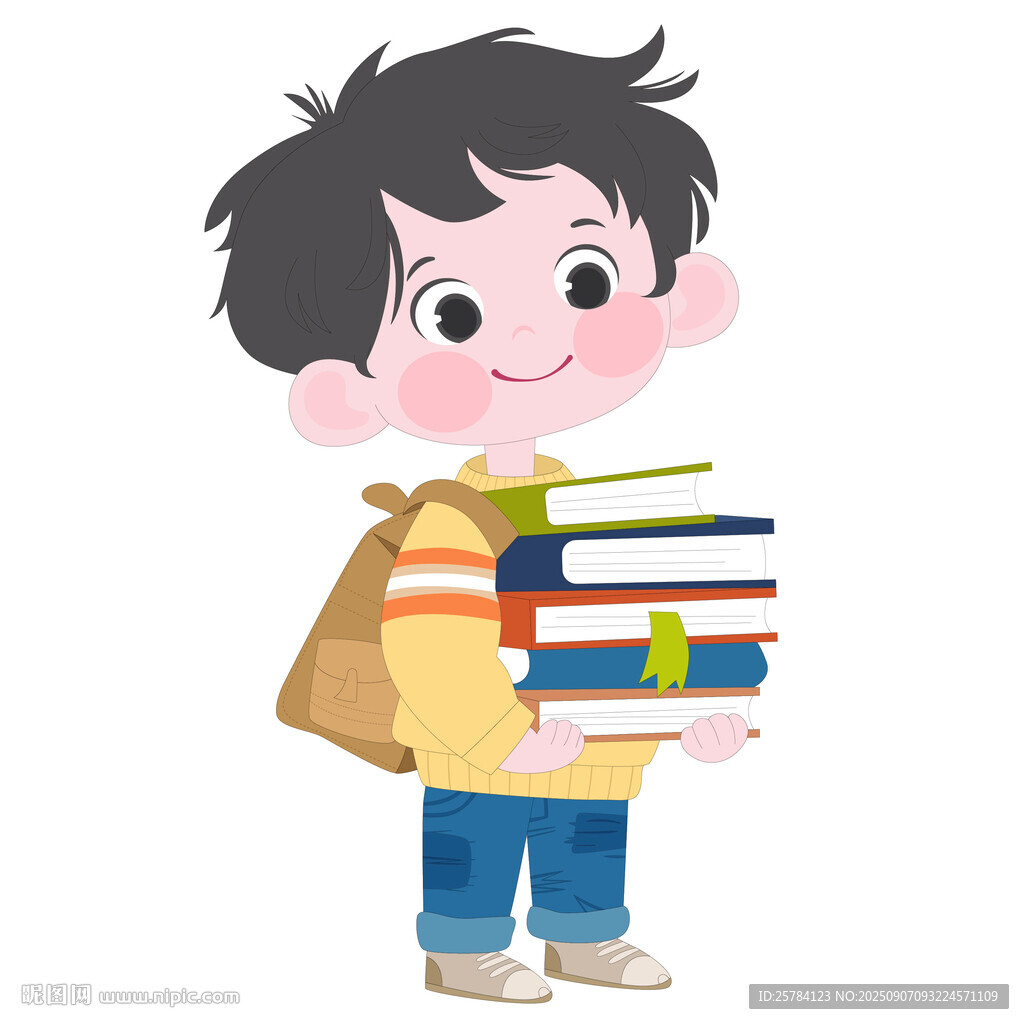 卡通拿著一摞書開心去上學(xué)男孩