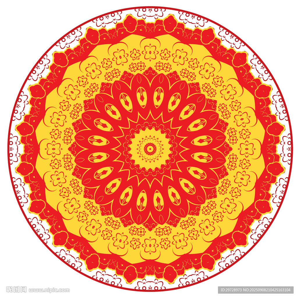 圓形紅黃色古典吉祥花紋圖案