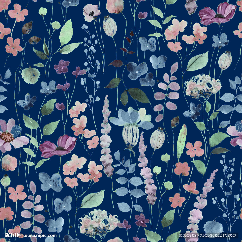 深藍(lán)色底花卉植物圖案