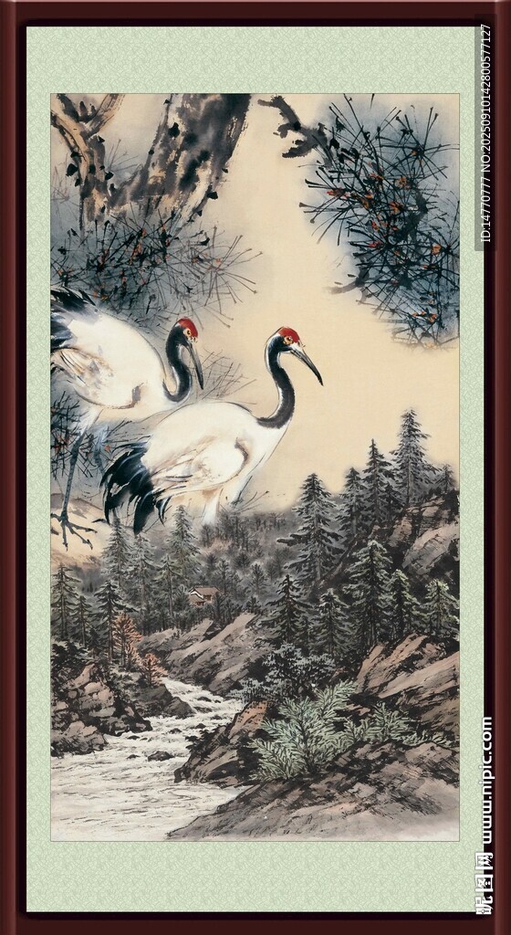 中式山水間的白鶴圖
