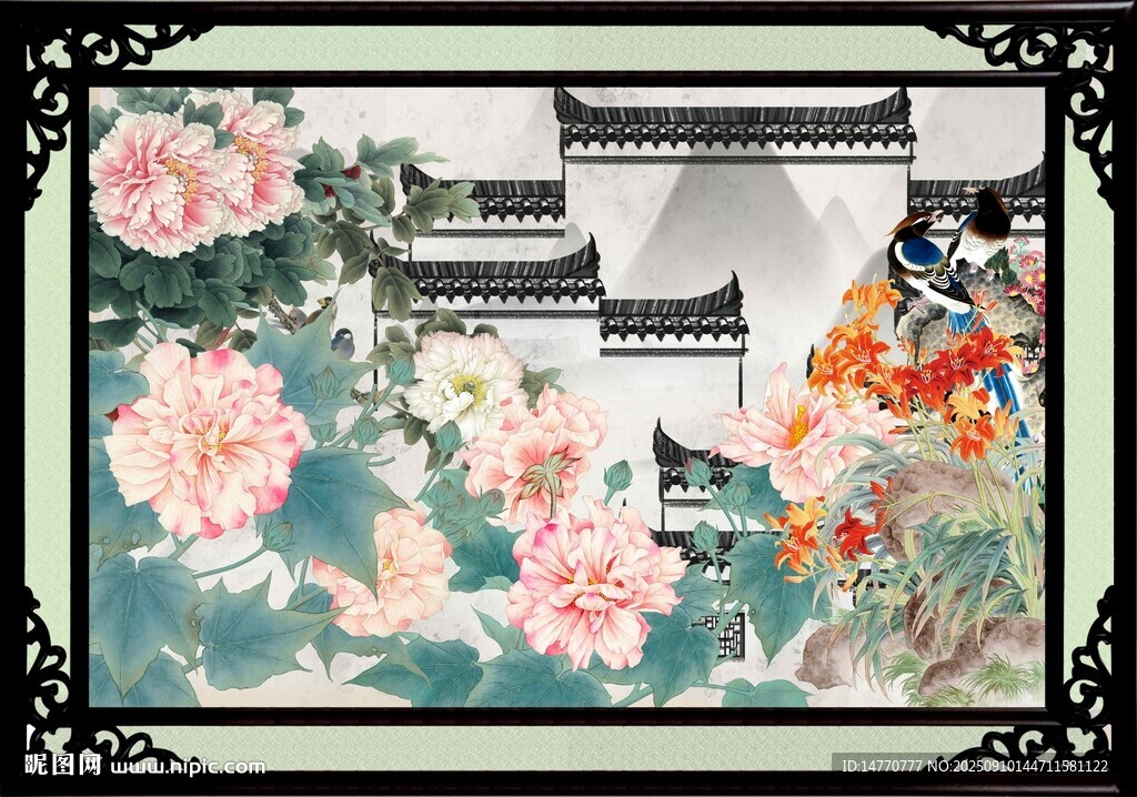 中式花鳥庭院裝飾畫