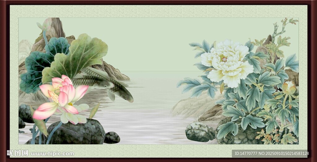 中式水墨荷花植物圖景