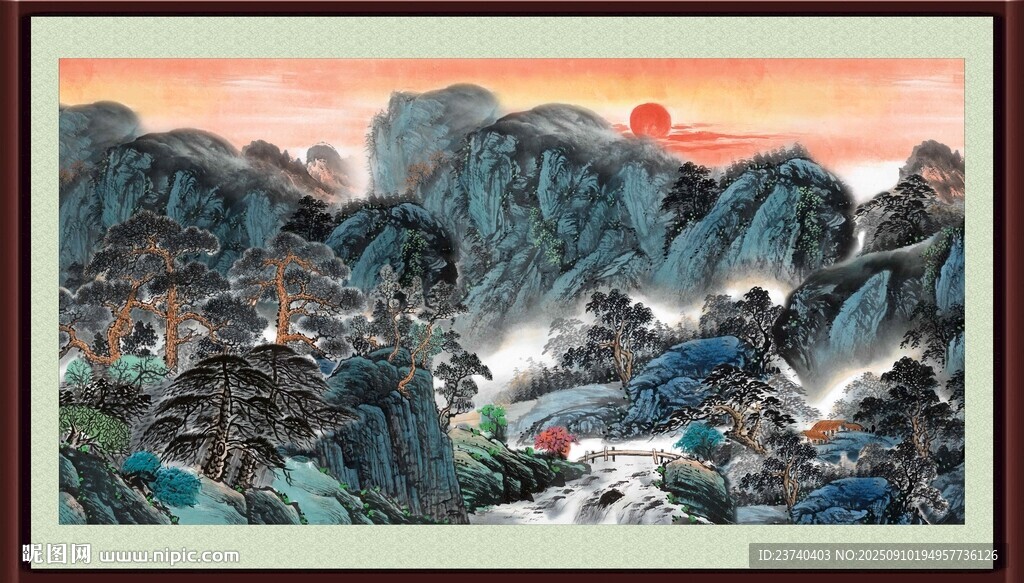 山水紅日間的壯麗景致