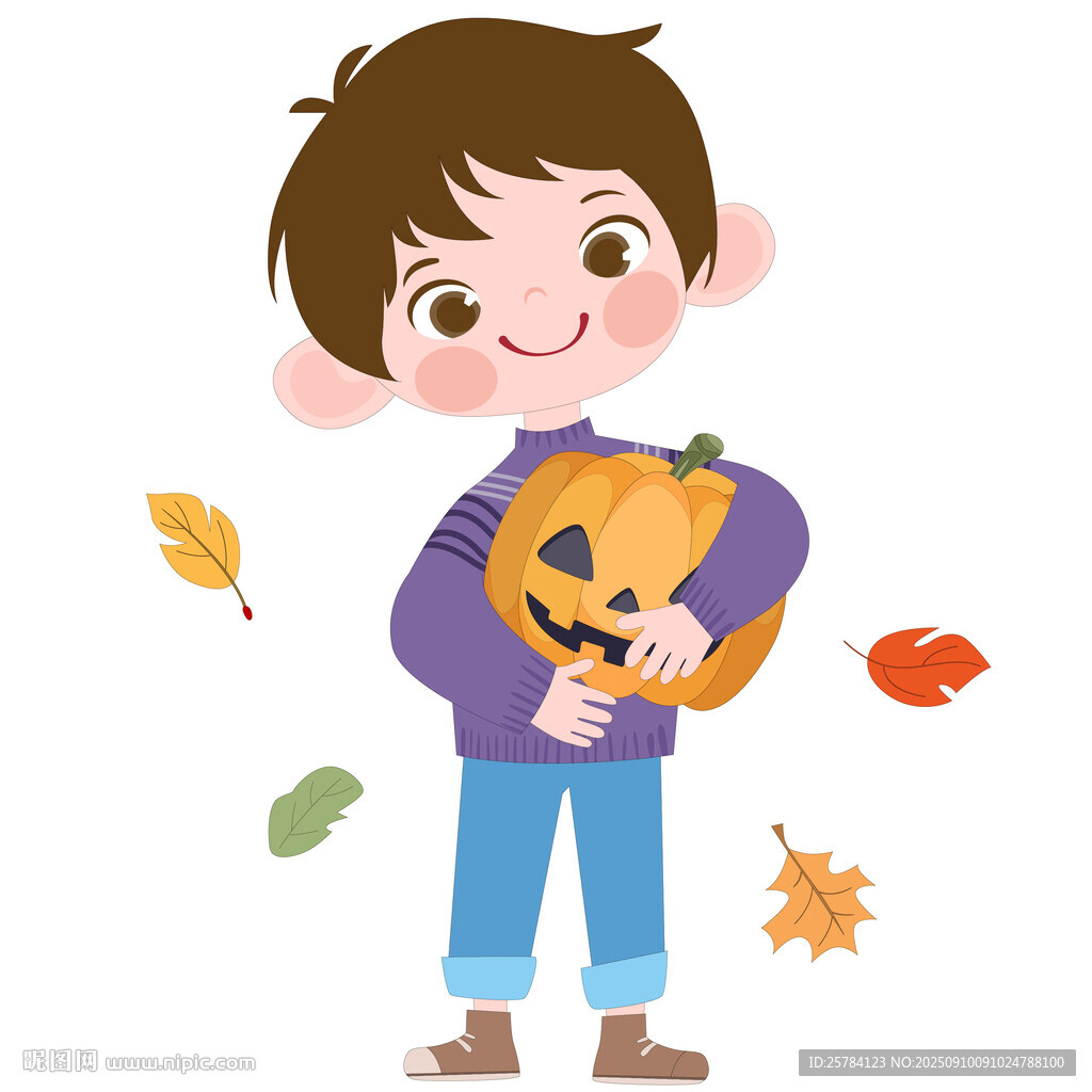 卡通風(fēng)可愛男孩萬圣節(jié)拿著南瓜燈