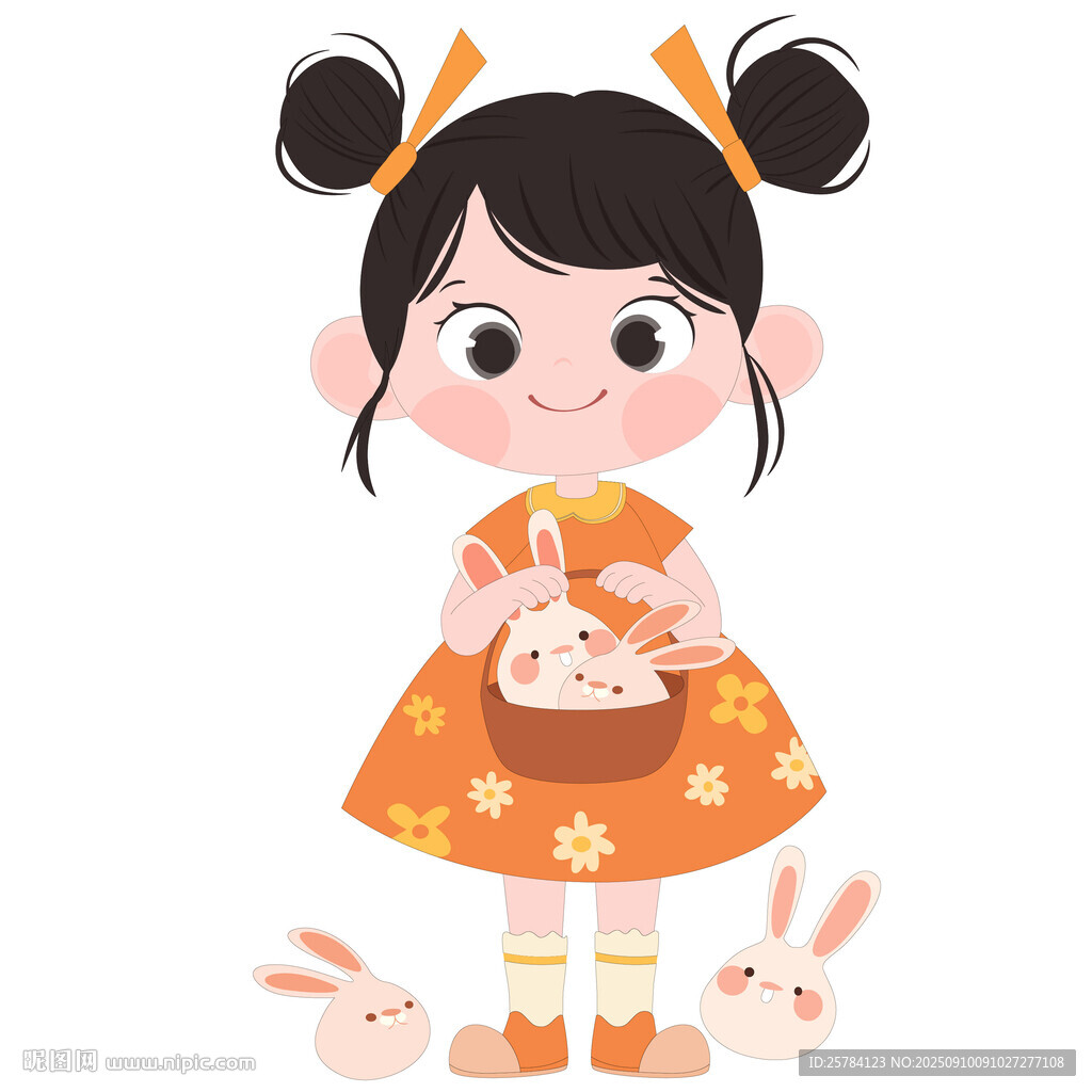 卡通可愛女孩抱著小兔子毛絨玩具