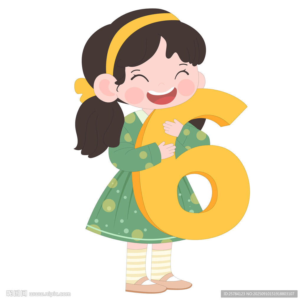 卡通可愛數(shù)學(xué)課女孩抱著數(shù)字6