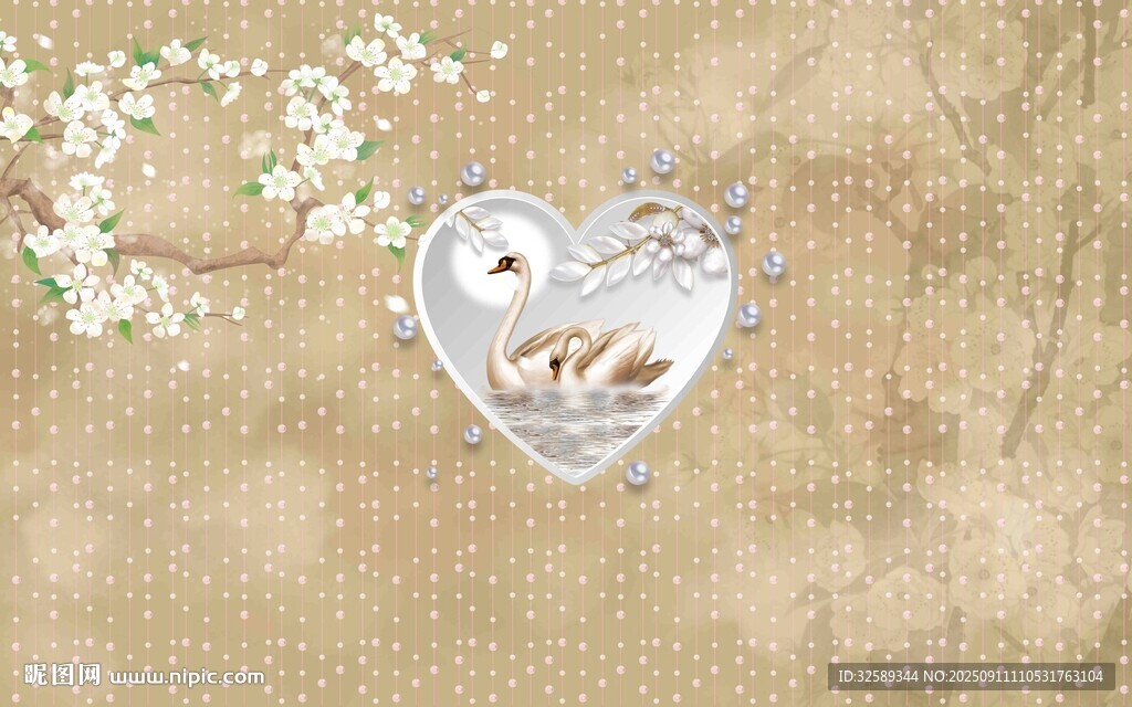 心形框中雙鳥與花枝