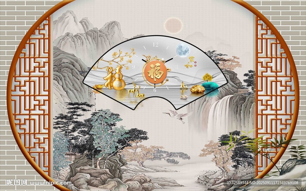 中式圓形山水花鳥裝飾畫