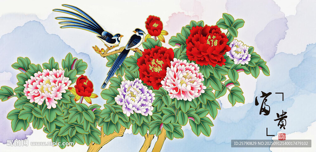 花開富貴牡丹喜鵲