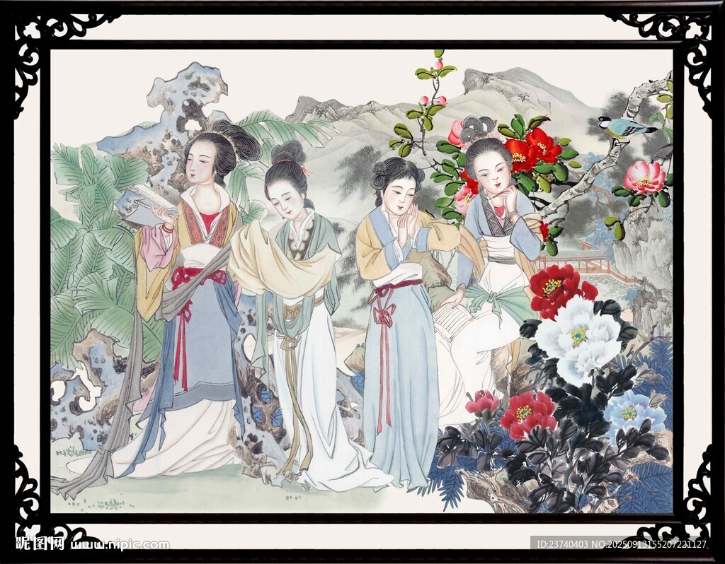 古典美人花叢中優(yōu)雅而立