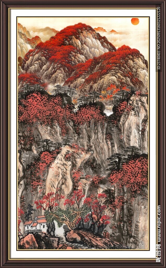 秋山紅葉間的旅人圖景