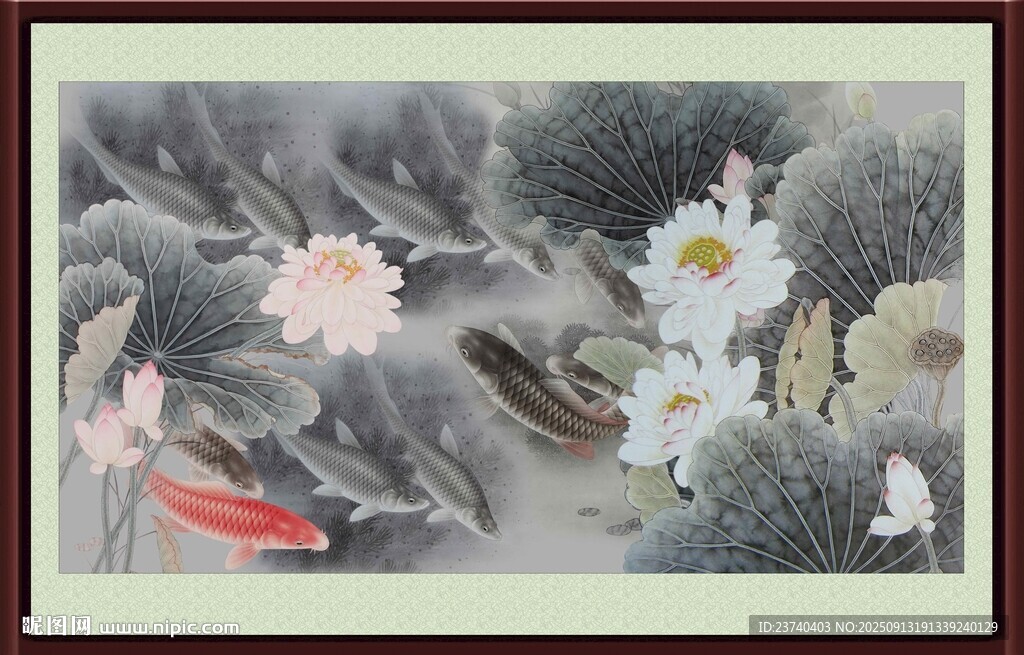水墨荷花錦鯉圖