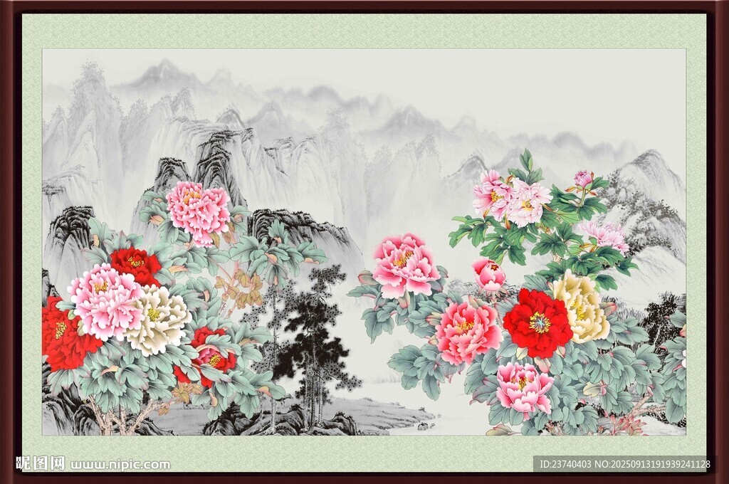 國(guó)畫(huà)牡丹山水圖