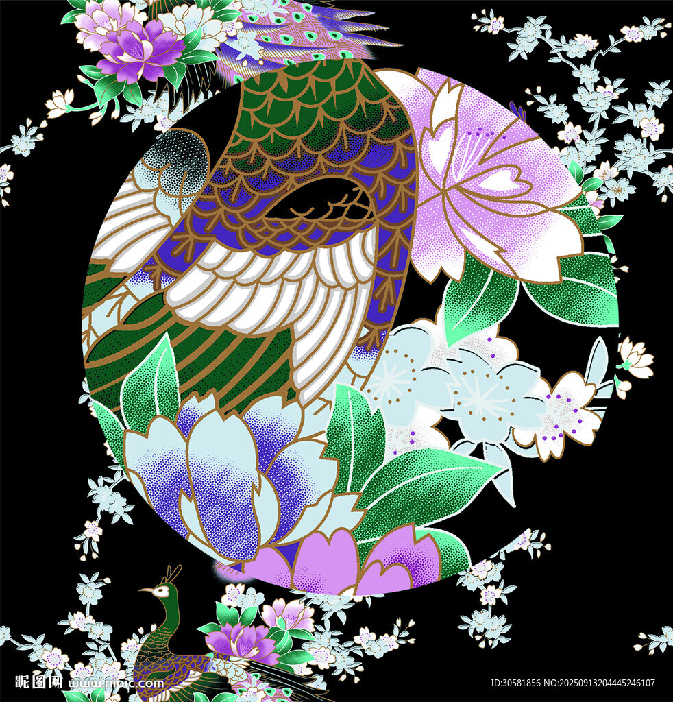 孔雀花卉圖案藝術(shù)插畫