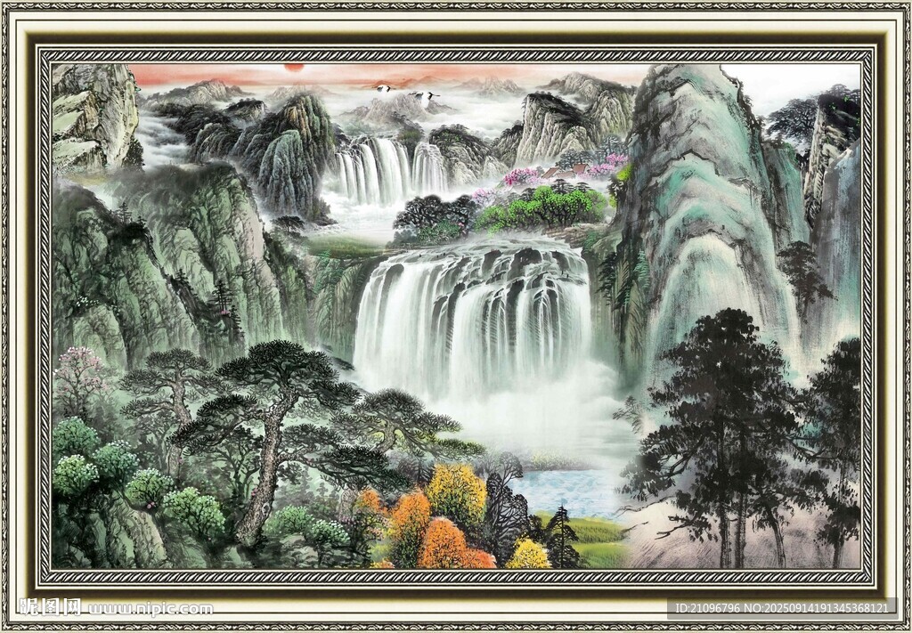 山水國(guó)畫(huà)壯麗瀑布景觀