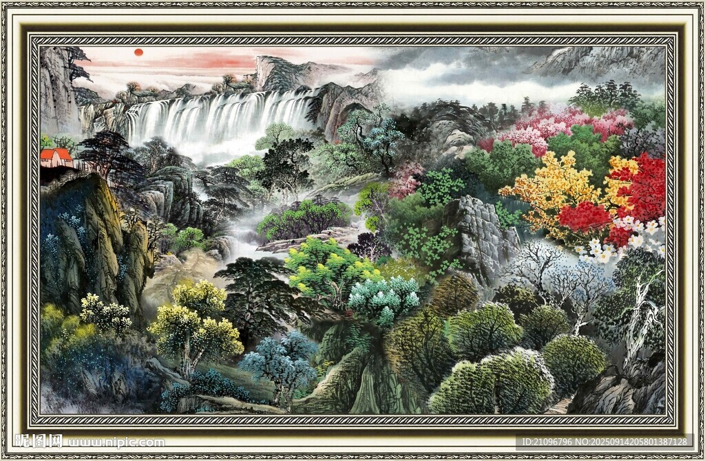 山水繁花國畫風景圖