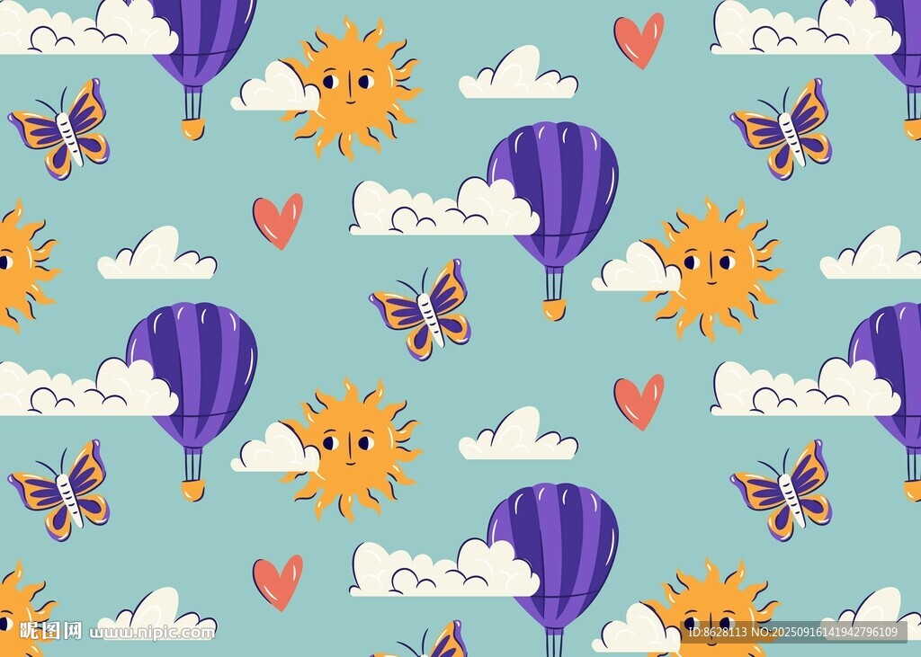可愛卡通天空元素無縫圖案