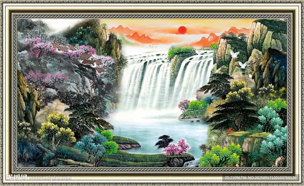 山水瀑布風(fēng)景國畫作品