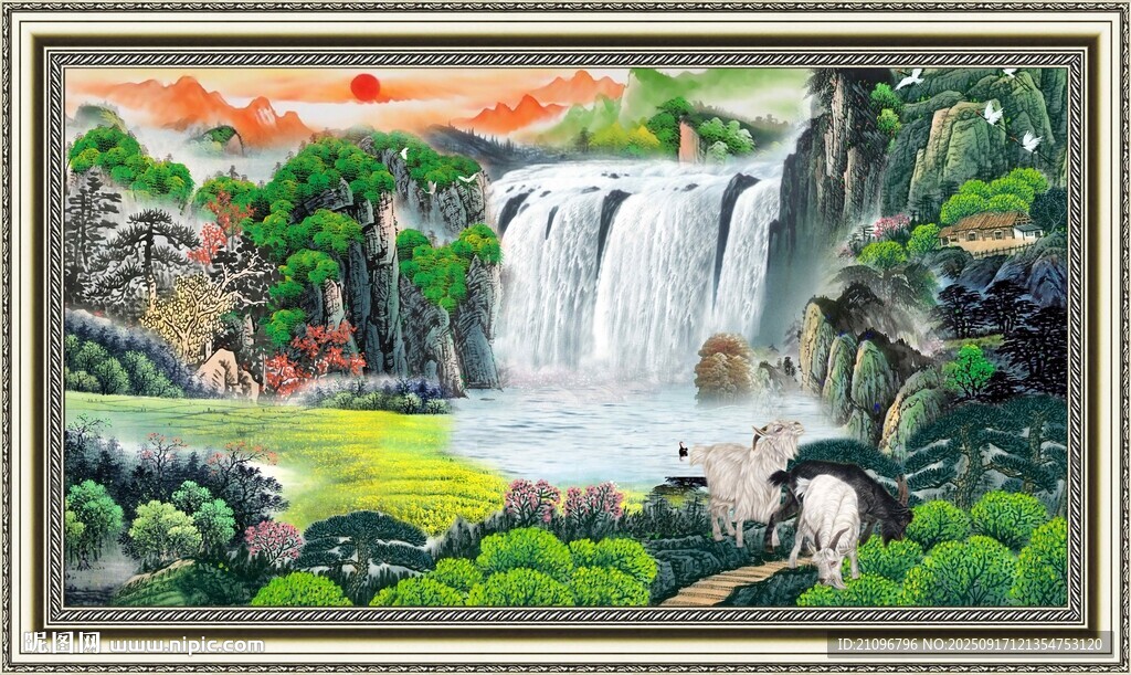 山水瀑布國畫風(fēng)景圖