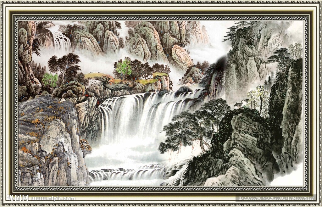 山水國畫瀑布景觀
