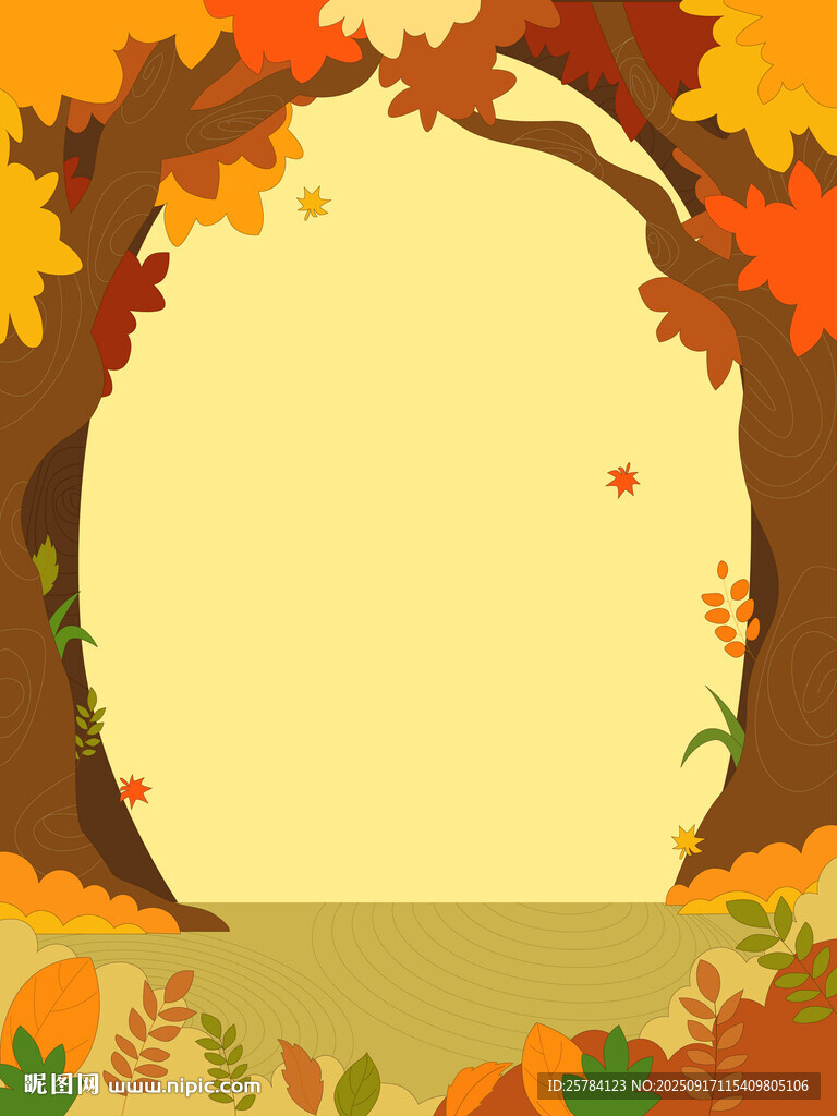 卡通秋季大樹變紅楓樹林落葉草地