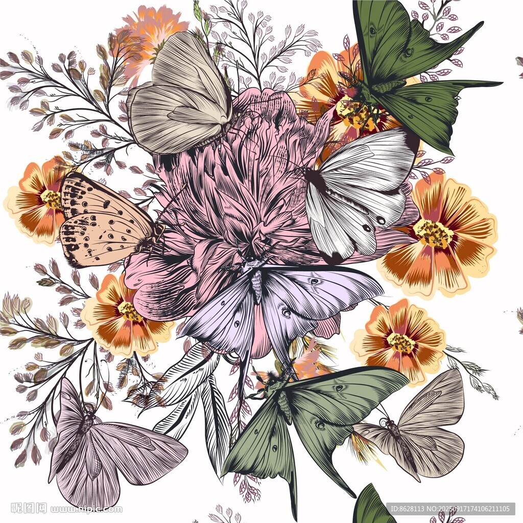 花卉蝴蝶手繪插畫圖案
