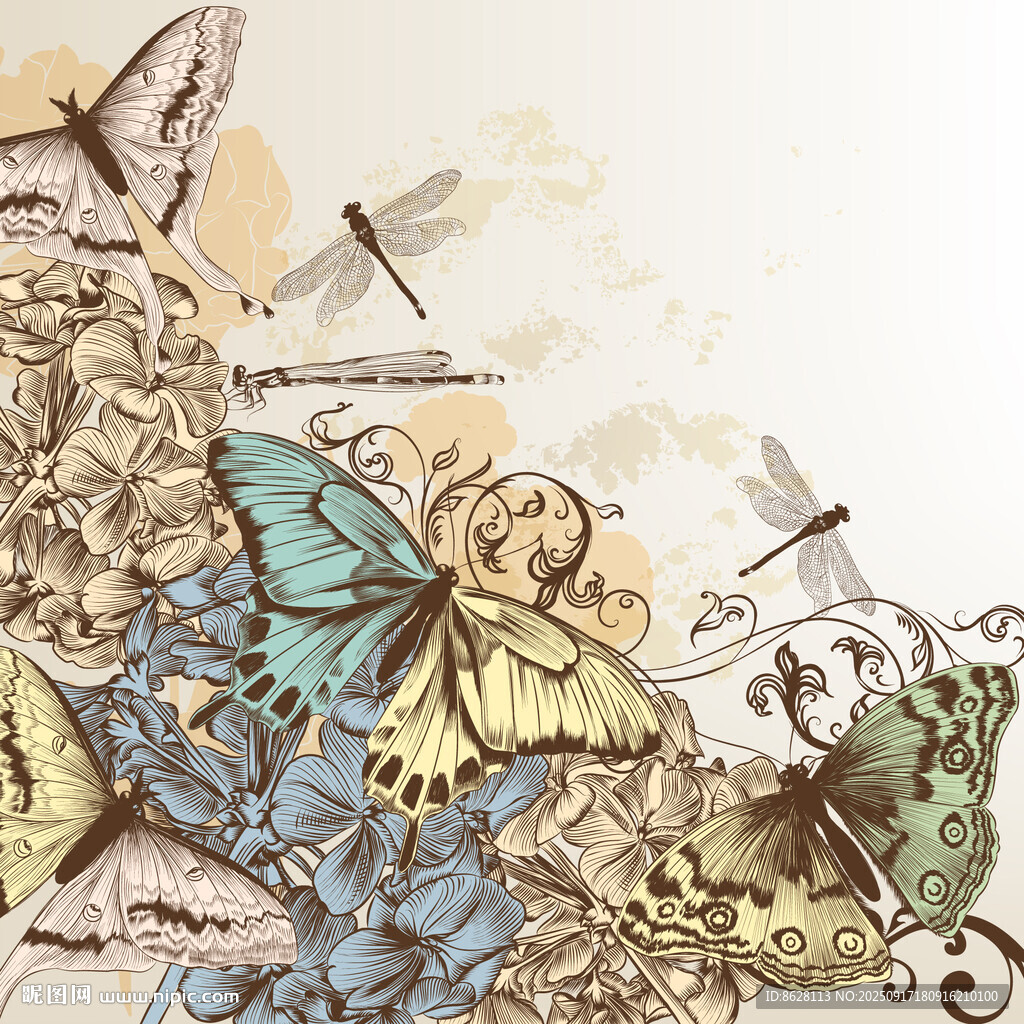 夢幻蝴蝶蜻蜓花卉插畫