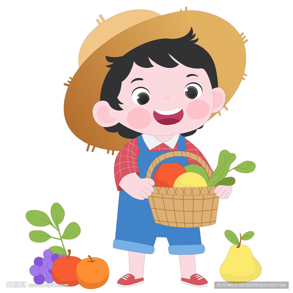 豐收季節(jié)戴草帽男孩拿一籃子水果