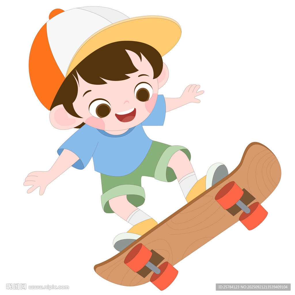 卡通小男孩戴帽子開心玩滑板插畫