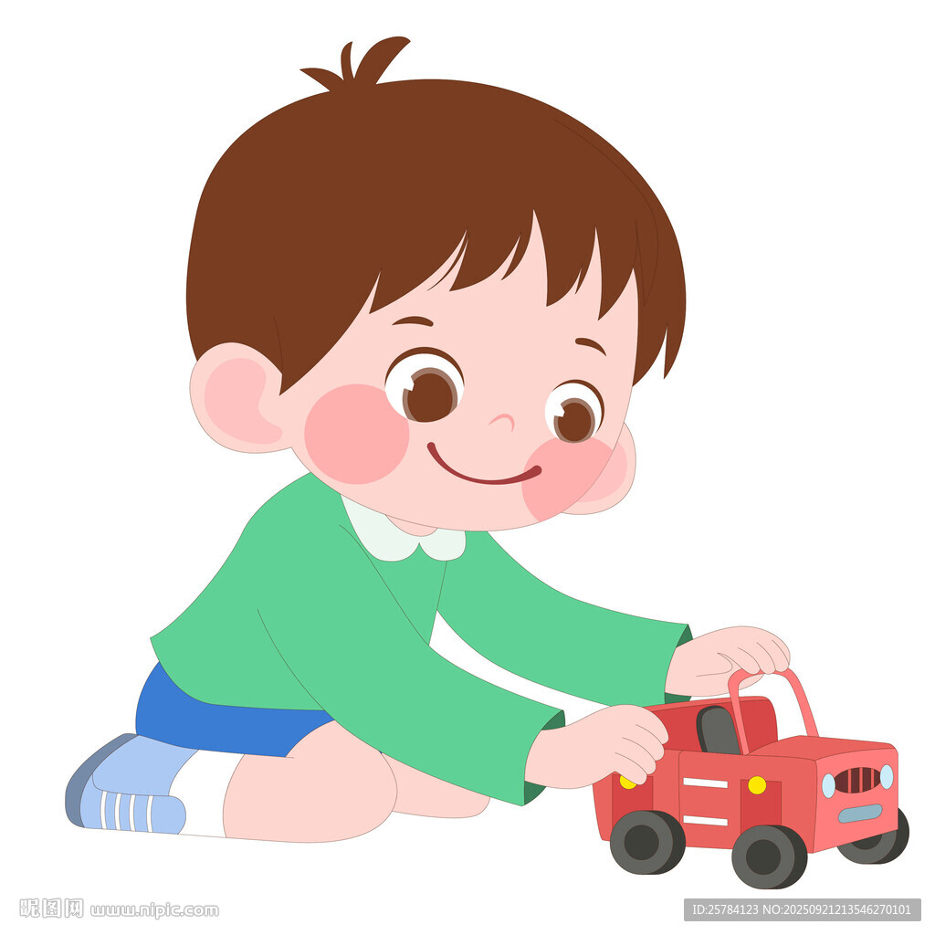 卡通風(fēng)男孩玩紅色卡車玩具車插畫