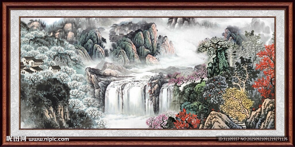 山水國畫瀑布景觀