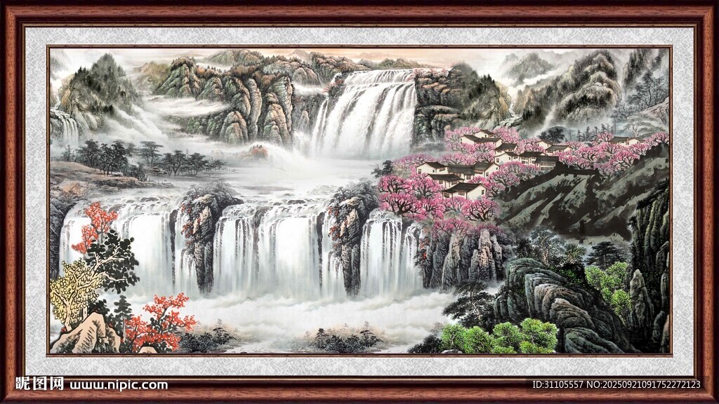 山水瀑布國畫風景圖