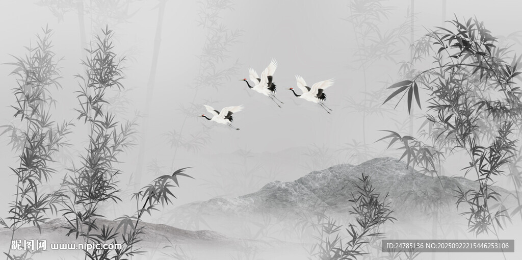 水墨竹林山水畫