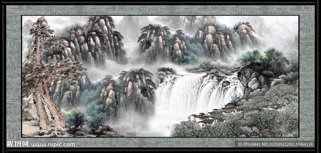 水墨山水瀑布國畫作品
