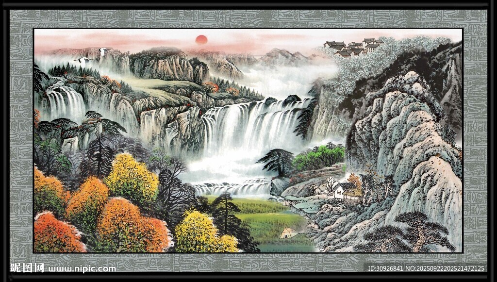 山水瀑布秋景國(guó)畫作品