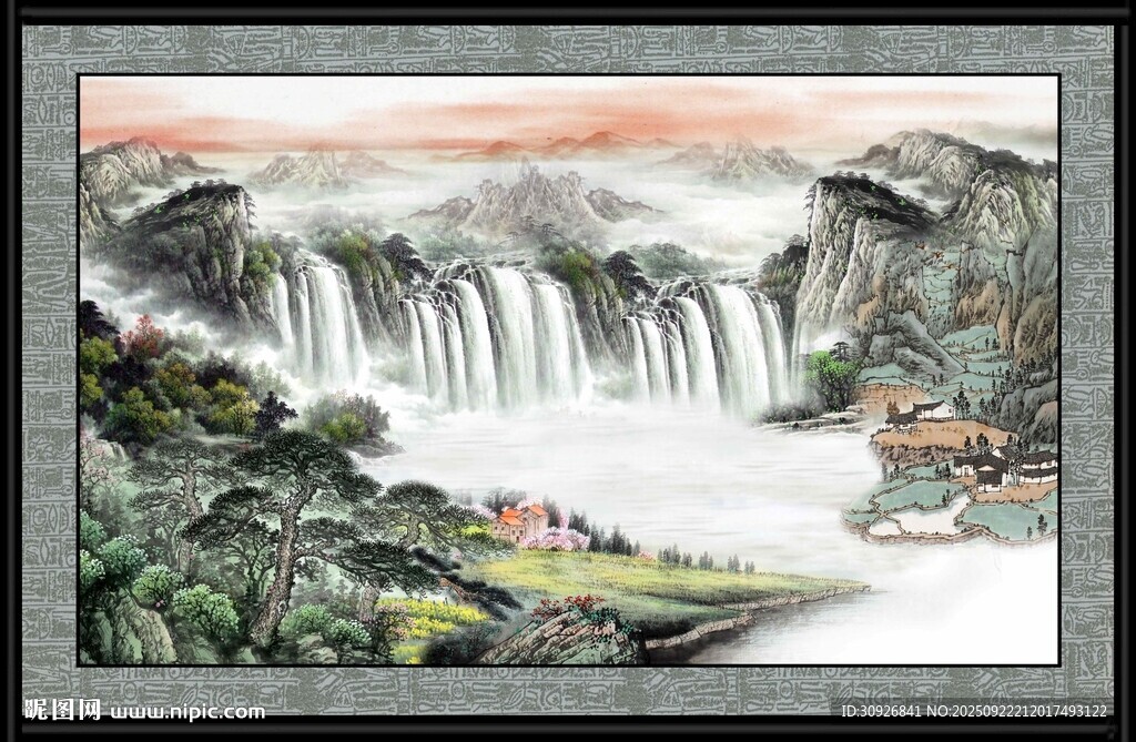 山水瀑布國(guó)畫風(fēng)景圖