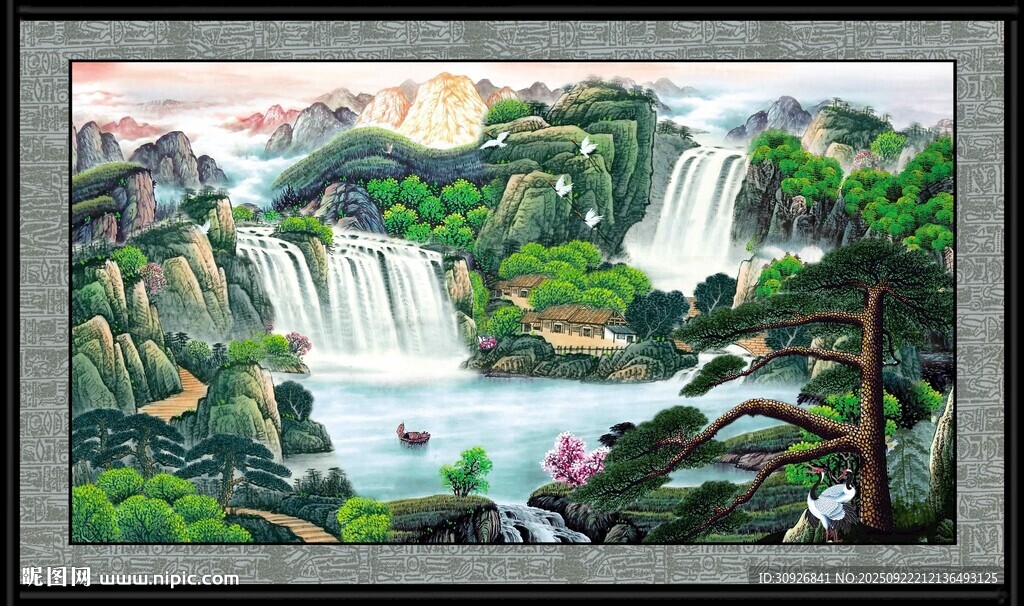 山水瀑布國(guó)畫風(fēng)景圖
