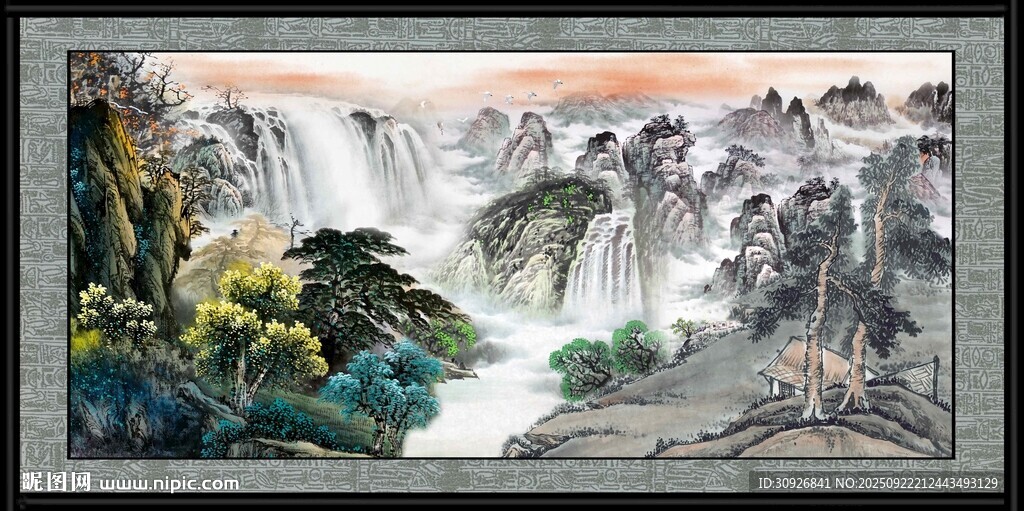 山水國畫中的壯麗瀑布景觀