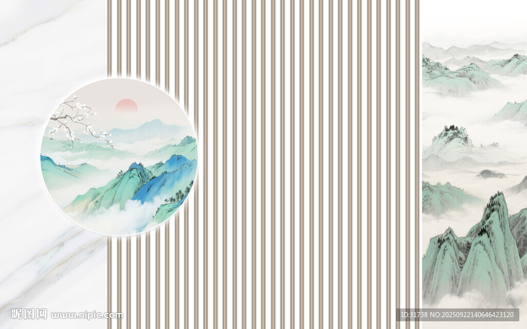 新中式格柵古風(fēng)山水畫背景墻