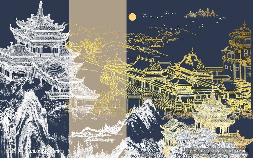 古風(fēng)山水樓閣月夜美景
