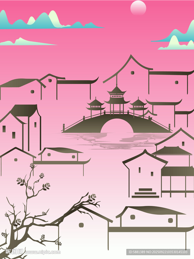 江南水鄉(xiāng)粉色夢幻風景圖
