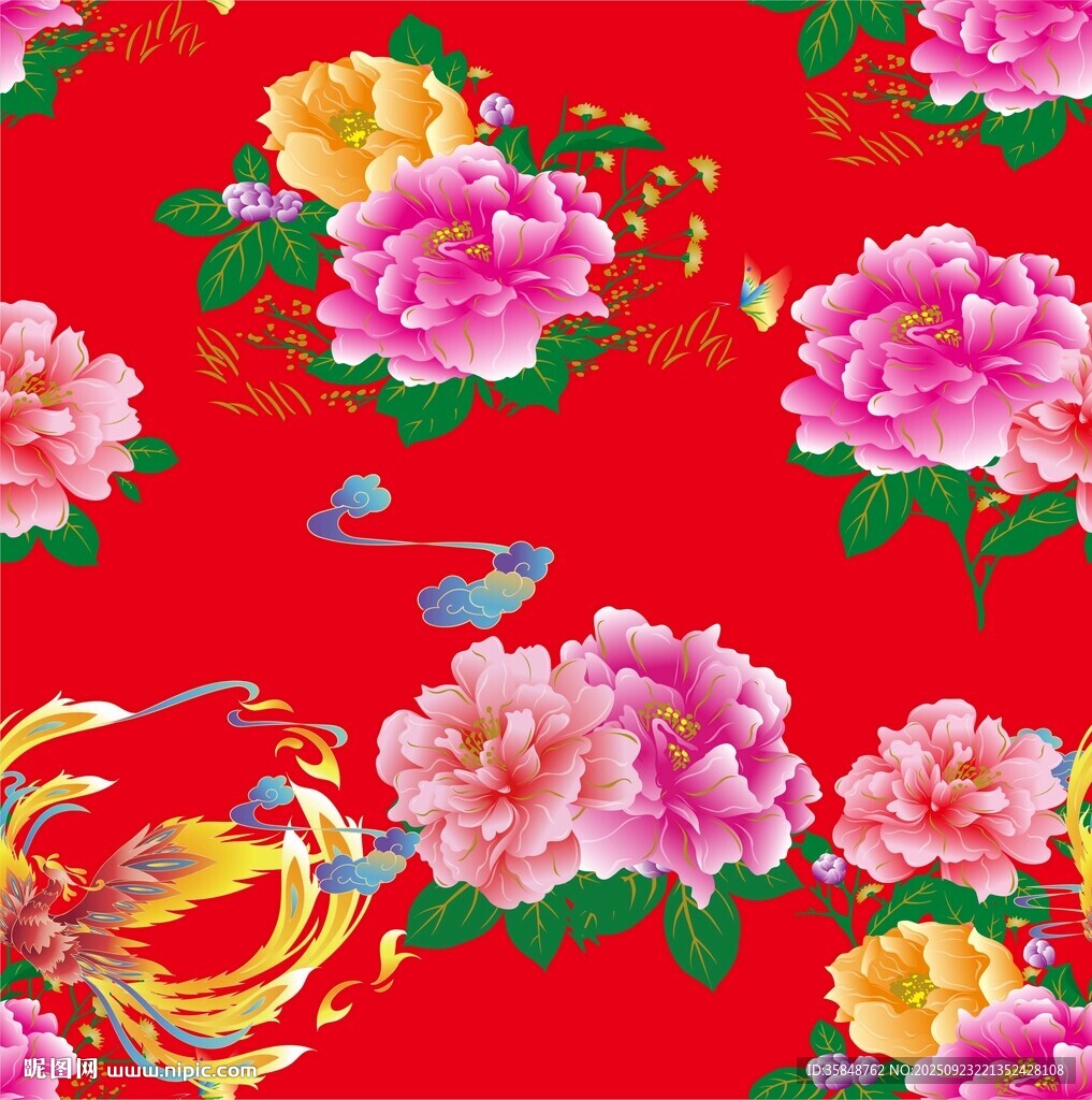 喜慶紅底牡丹鳳凰圖案