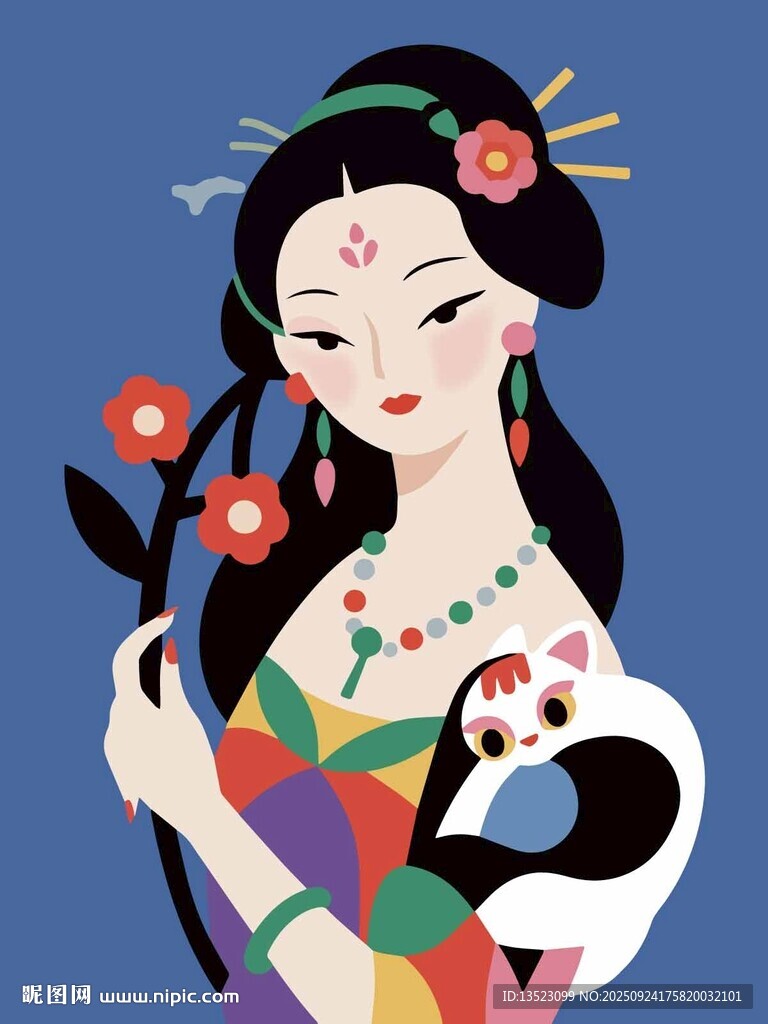 唯美古風(fēng)女子仕女與貓咪花卉插畫