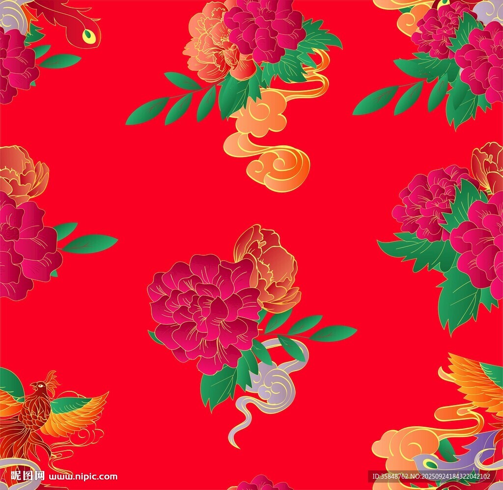 中式紅底花卉龍紋傳統(tǒng)圖案