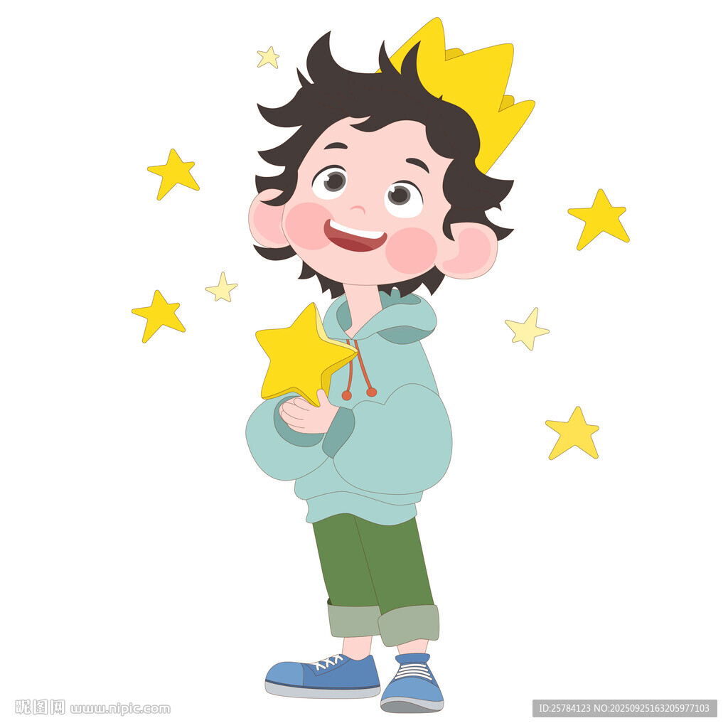 卡通男孩帶著皇冠拿著星星看天空